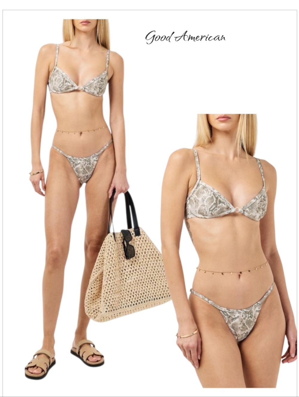 Good American Capri Snakeskin Triangle Bikini Set Python Print NWT Sz M